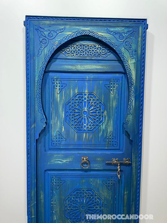Blue Door Woodwork Geometric door hinges vintage, Entryway One Panel Wooden Door, Reclaimed Door of entry, Custom built entry doors.