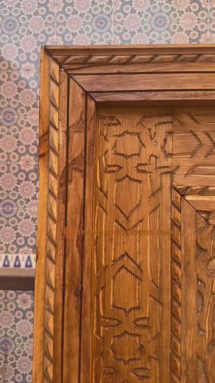 Geometric Work of Art, Hand Carved Moroccan Door in Cedar Wood and Red Wood.