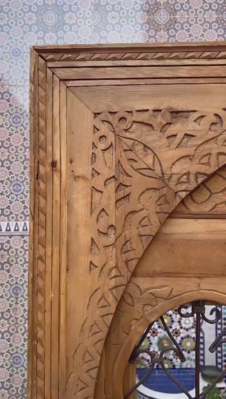 Double Door With Wrought Iron Window Moroccan Style Hand Carved, Wooden Door, Vintage Door, Custom Sliding Door, Home Doors.