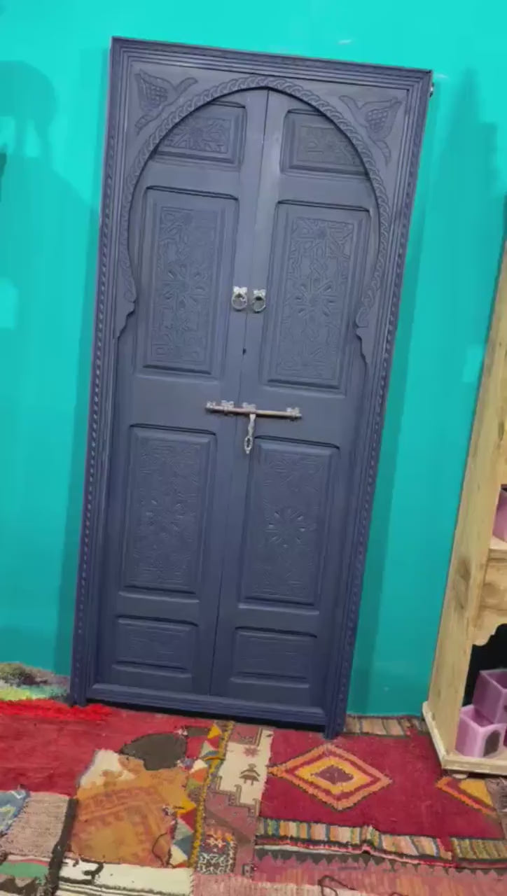 OLD CARVED Blue DOOR , Cave Antique Door , Double Door , Wall Decor