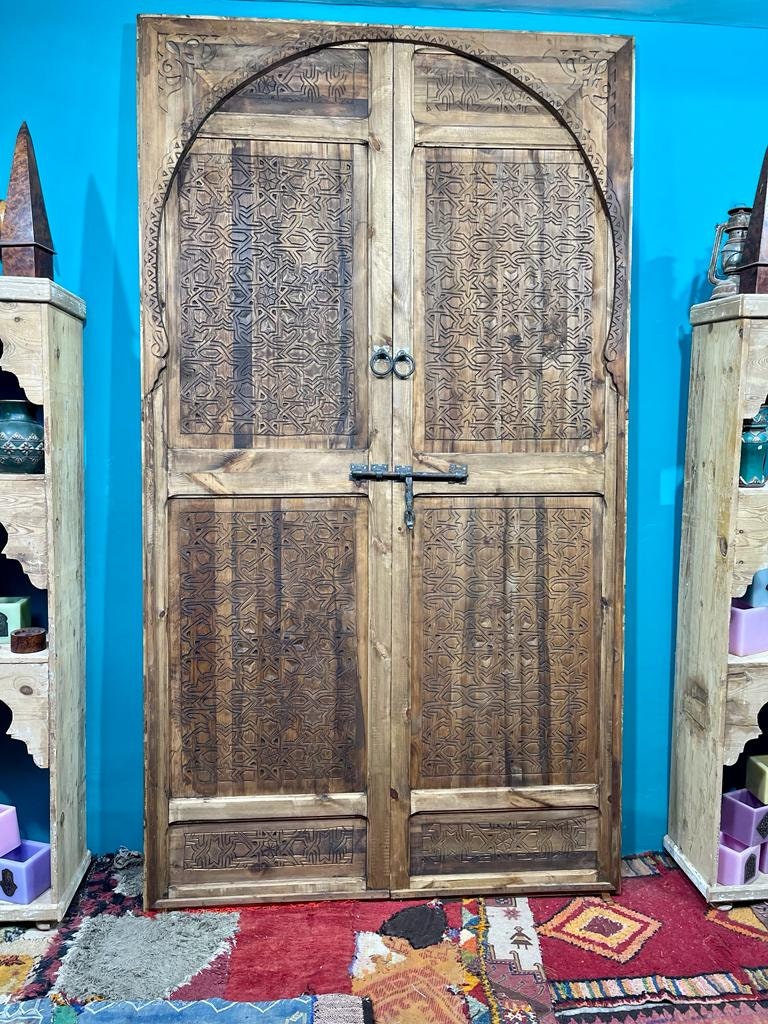 Porte marocaine traditionnelle en bois sculptée, exterior interior Door, Vintage Antique Carve Door, Wall Deco | Porte de Grange | Boho Door