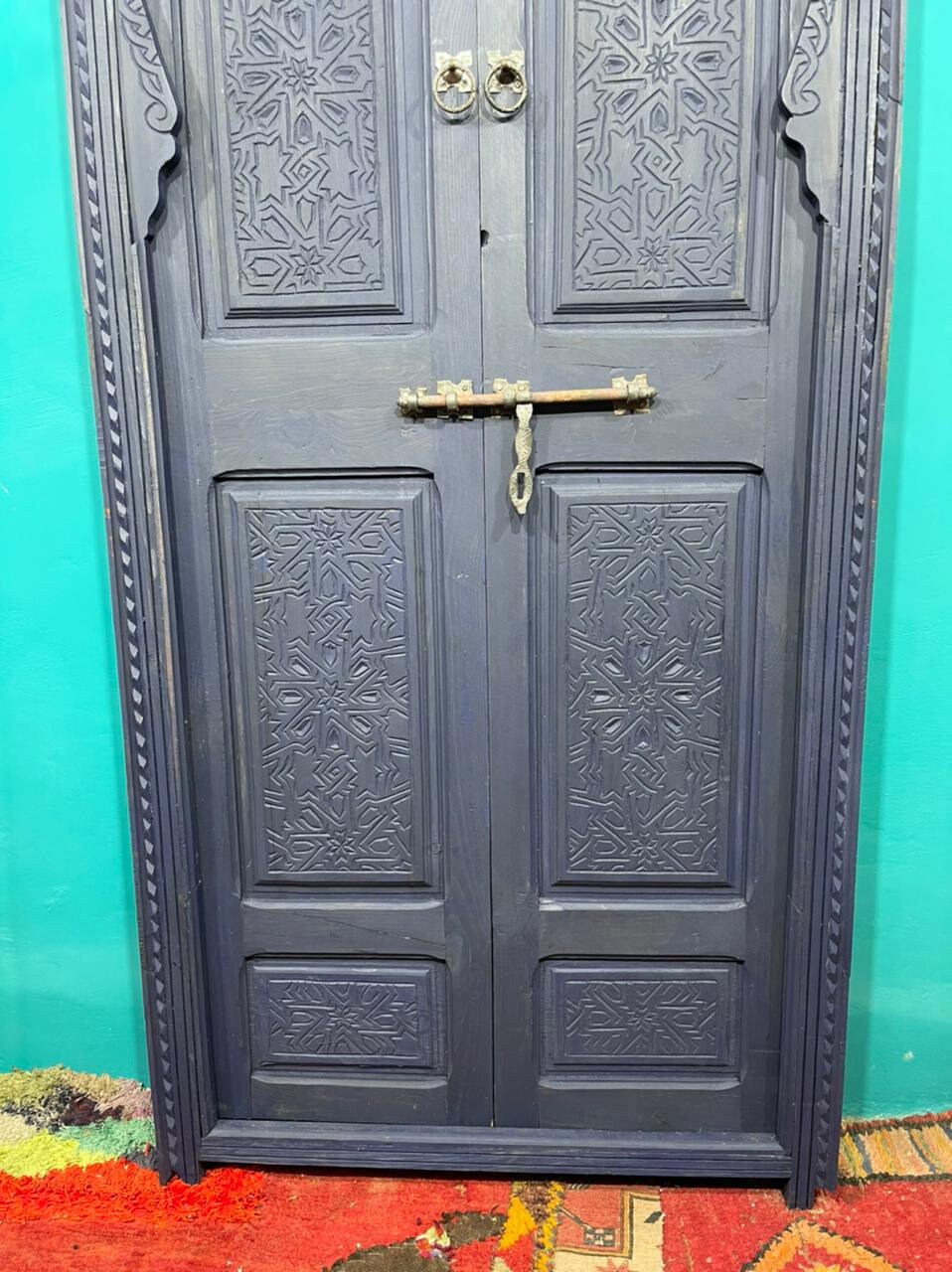 OLD CARVED Blue DOOR , Cave Antique Door , Double Door , Wall Decor