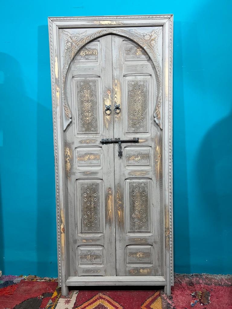 White Moroccan  Carved Door , Wooden Door , Antique Door , Wall Decor ,  Double Carved Wooden White Door .