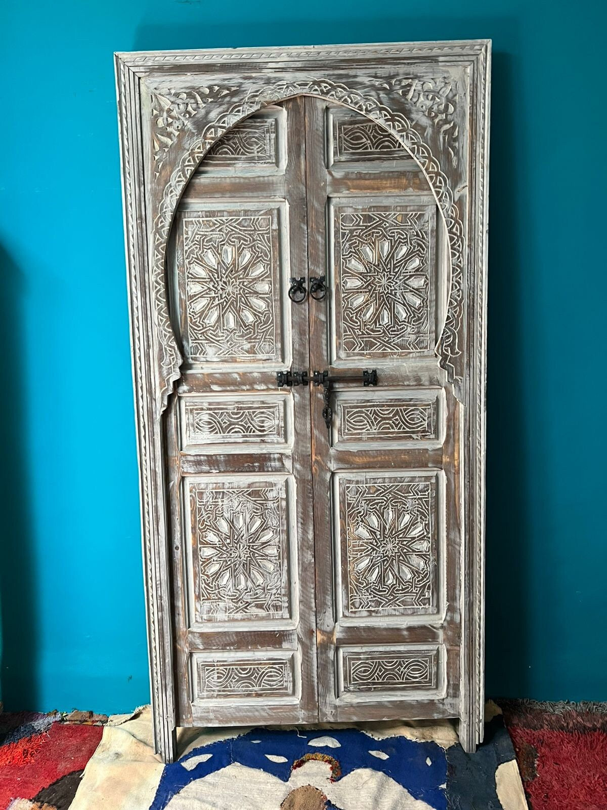 Entryway Moroccan Carved Wooden Door , Beautiful White Door Entirely Handmade