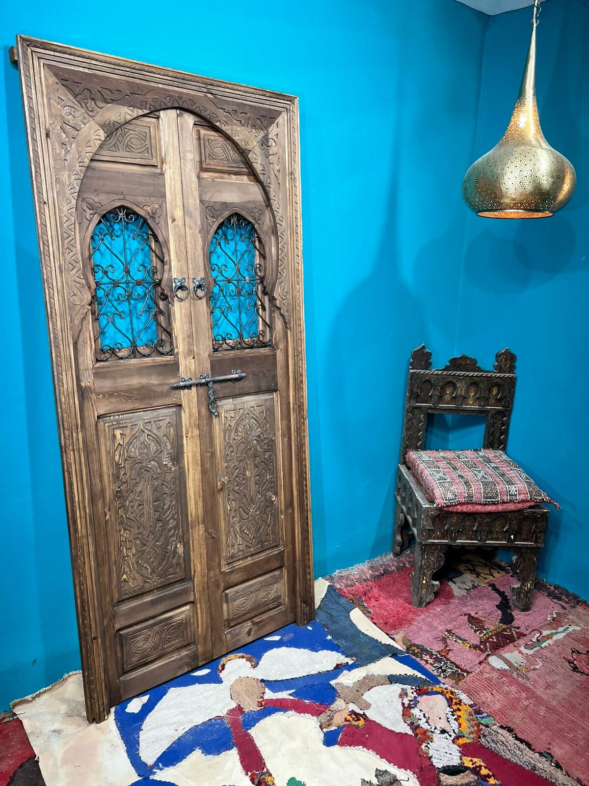 Wooden Carved Moroccan Door With Fer Forgé , Interior Exterior Door , Porte de grange .