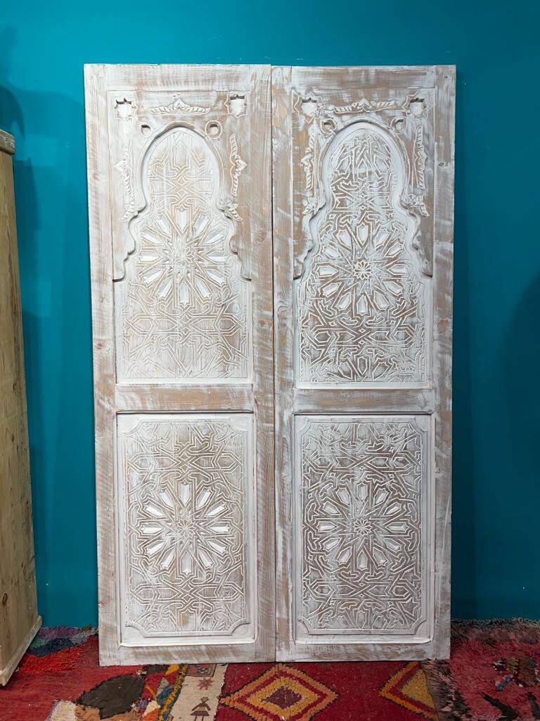 Hand carved sliding barn door, antique Moroccan white door, custom size front door, double or single interior exterior doors, wall art decor