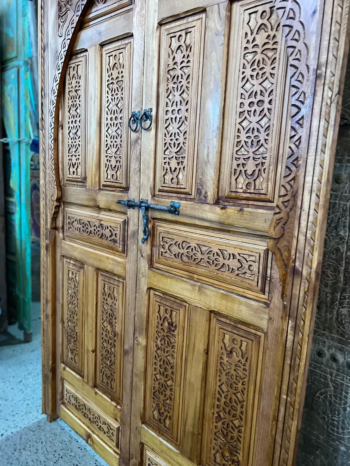 Traditional Moroccan Carved Wood Door, With an illustration of Mooring Model, Reclaimed door, Entrance Door .