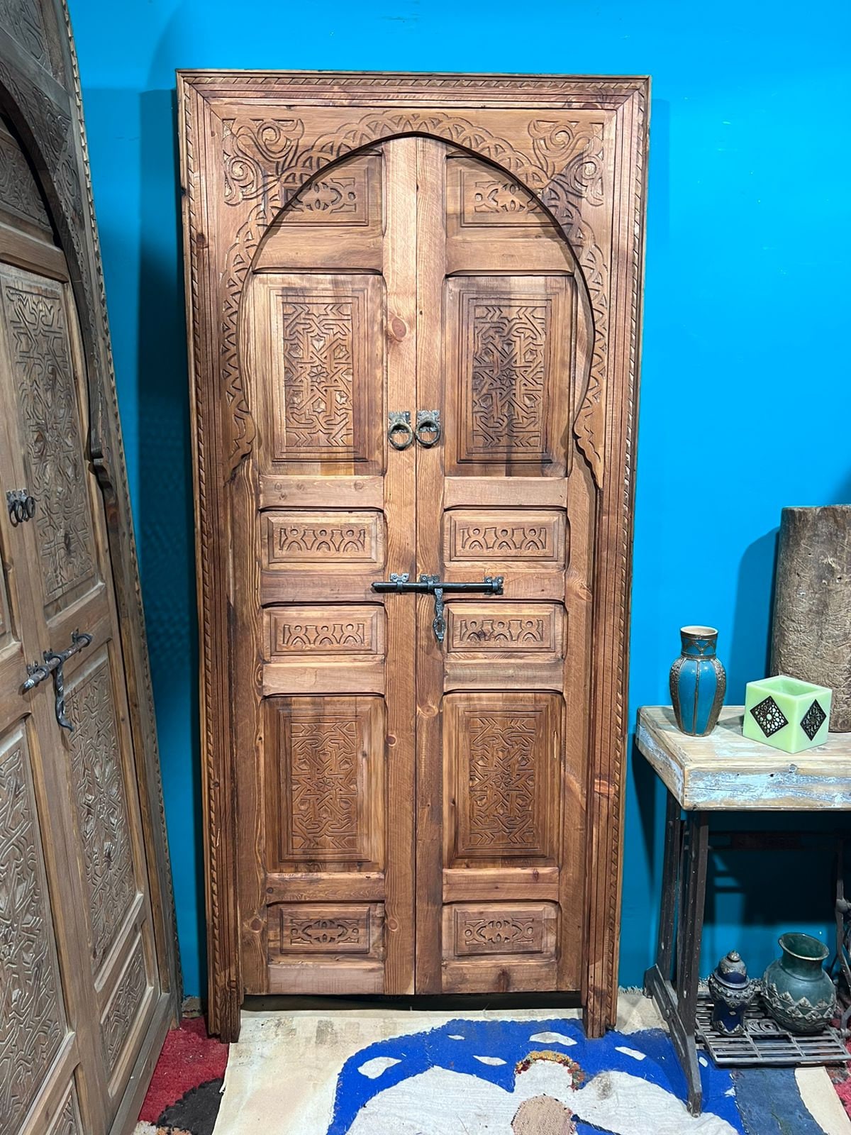 Handcrafted Double Door with Berber Front Design. Authentic Moorish Artwork, Intricate Geometric Carvings. Perfect for Interiors & Exteriors