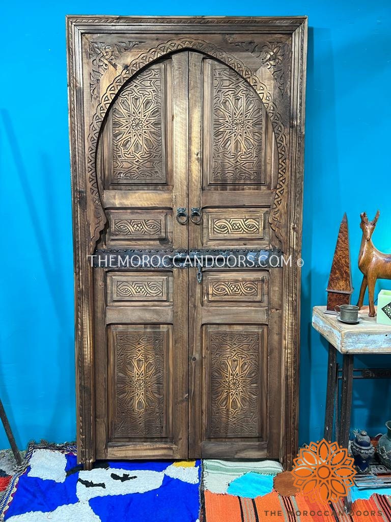 Andalusian Moorish Double Bedroom Door, Carve Panels Hand Carved Indoor With Handmade Moroccan Work, Carved Wooden Door