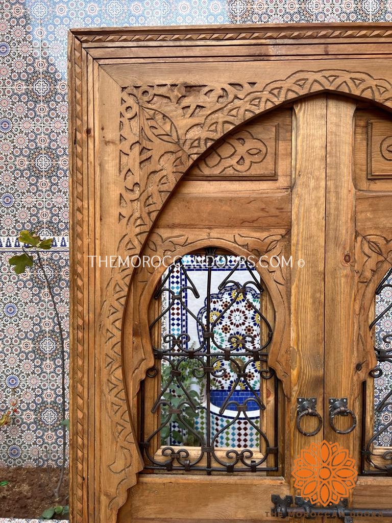 Double Door With Wrought Iron Window Moroccan Style Hand Carved, Wooden Door, Vintage Door
