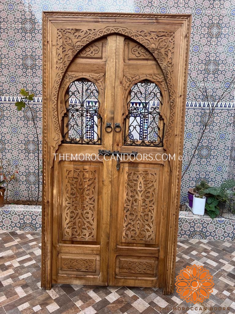 Premium wood door adorned with intricate Moroccan motifs