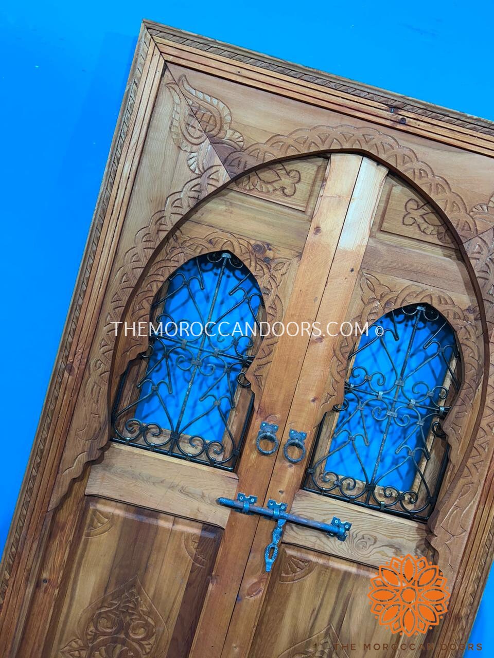 Traditional Moroccan Door Carved Wooden Door, With Two Windows In Wrought Iron Worked A Hand. Wall Decor For Your Home, Custom Wooden Doors.