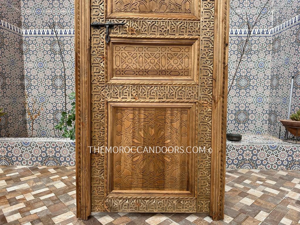 Carved Wooden Door Boho Style With Iron Carved Lock, Wooden Carved WRITING Door, Closet Interior Exterior Door.