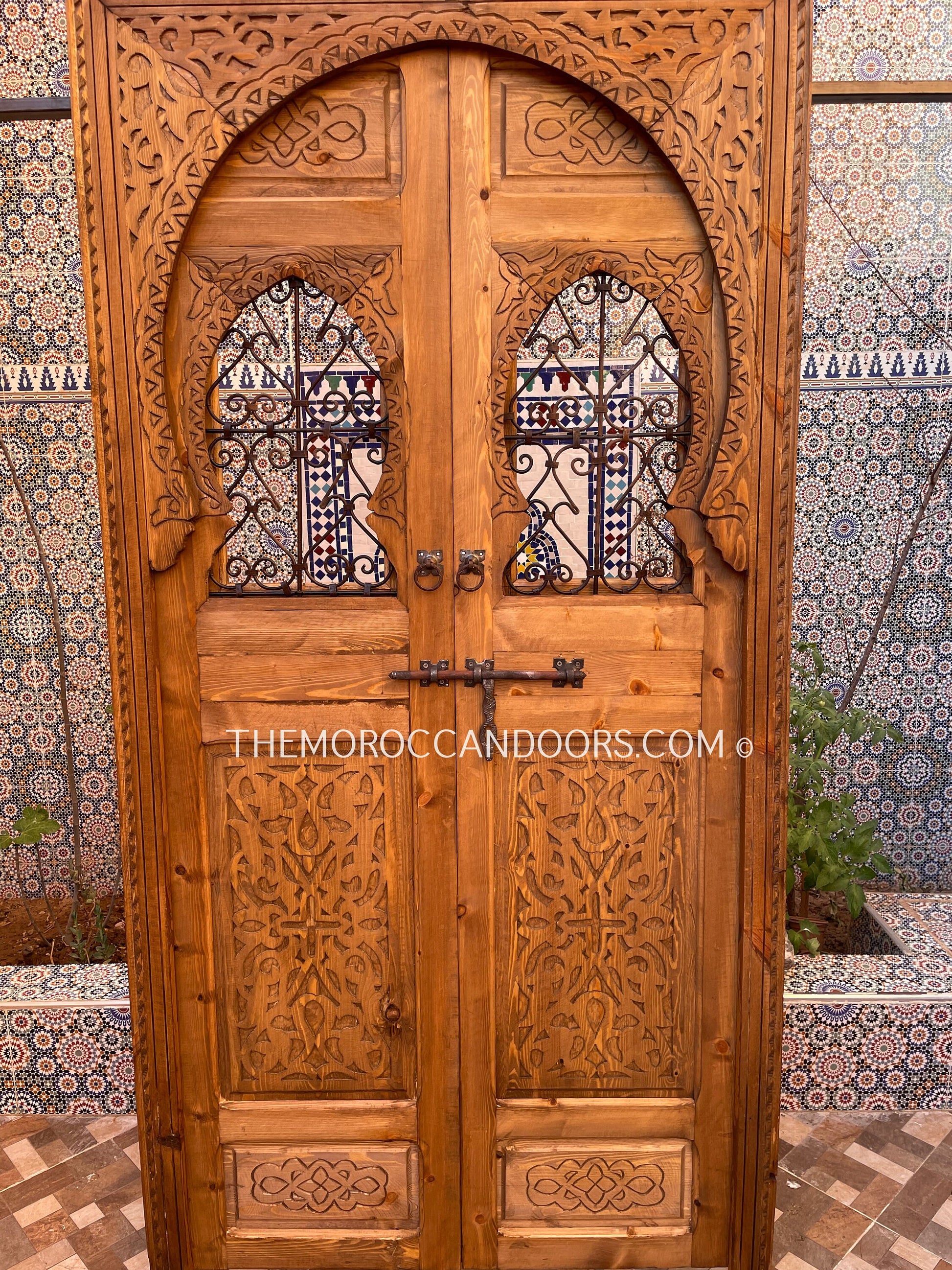 Hand Carved Wood Door with Wrought Iron Windows - A Timeless Legacy for Your Home