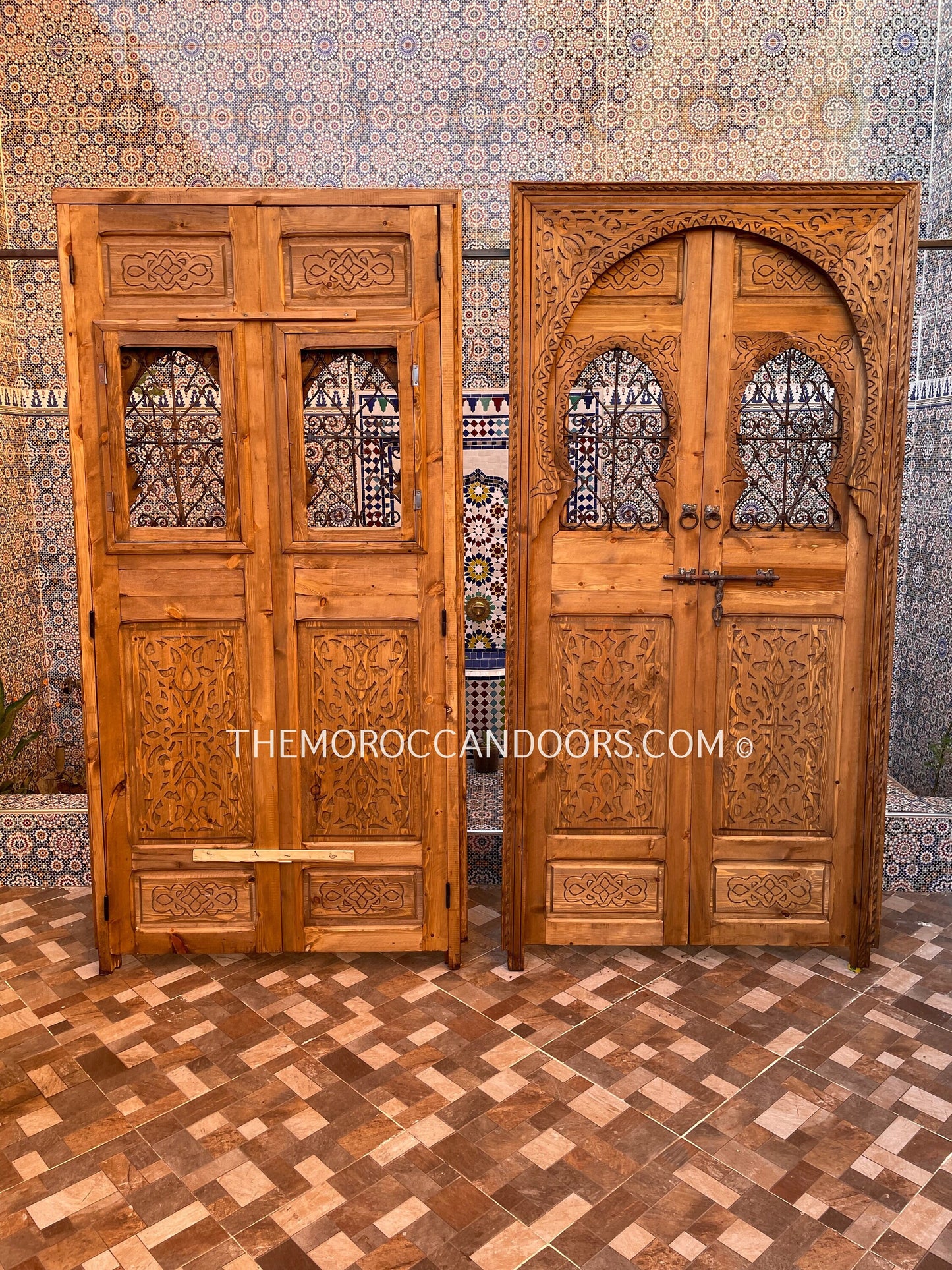 Hand Carved Wood Door with Wrought Iron Windows - A Timeless Legacy for Your Home