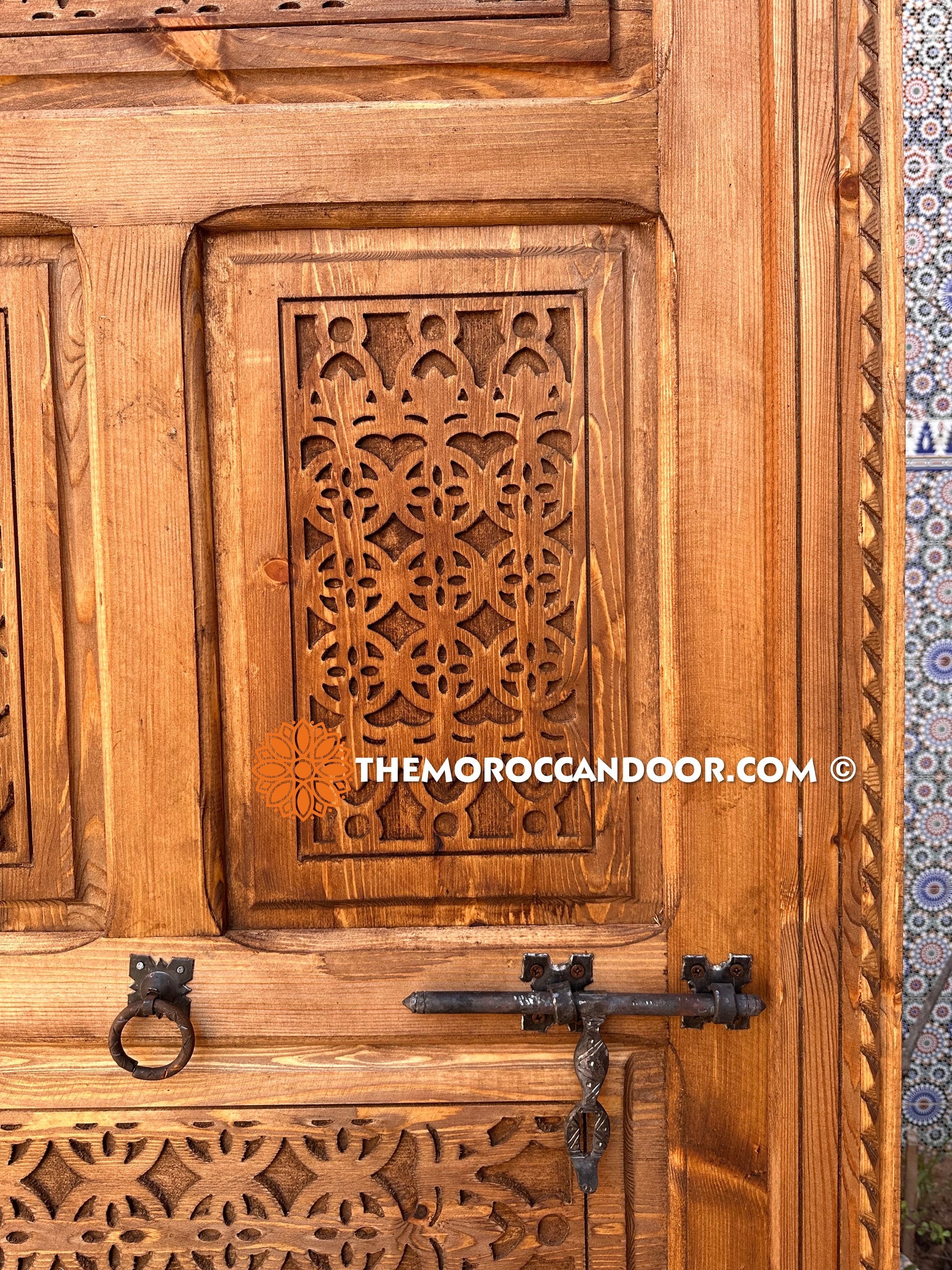 Geometric Work of Art, Hand Carved Moroccan Door in Cedar Wood and Red Wood.