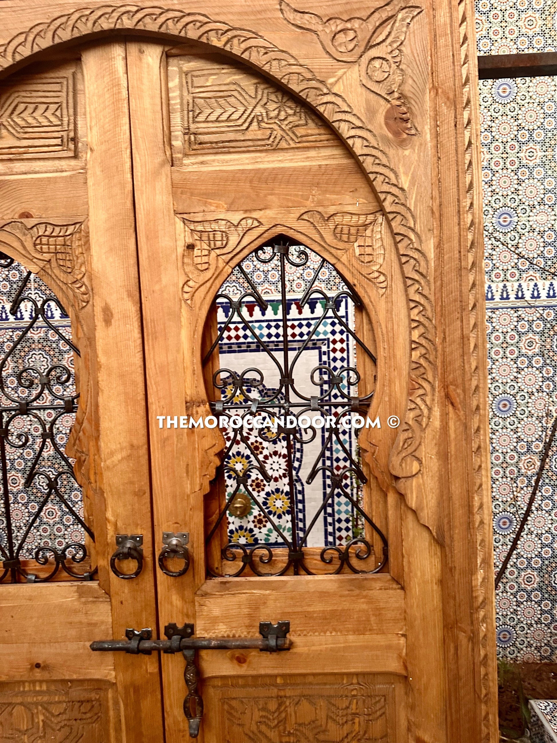 Exquisite Handcrafted Wood Door with Elegant Wrought Iron Windows - Hand-Carved Wood with Wrought Iron Windows.
